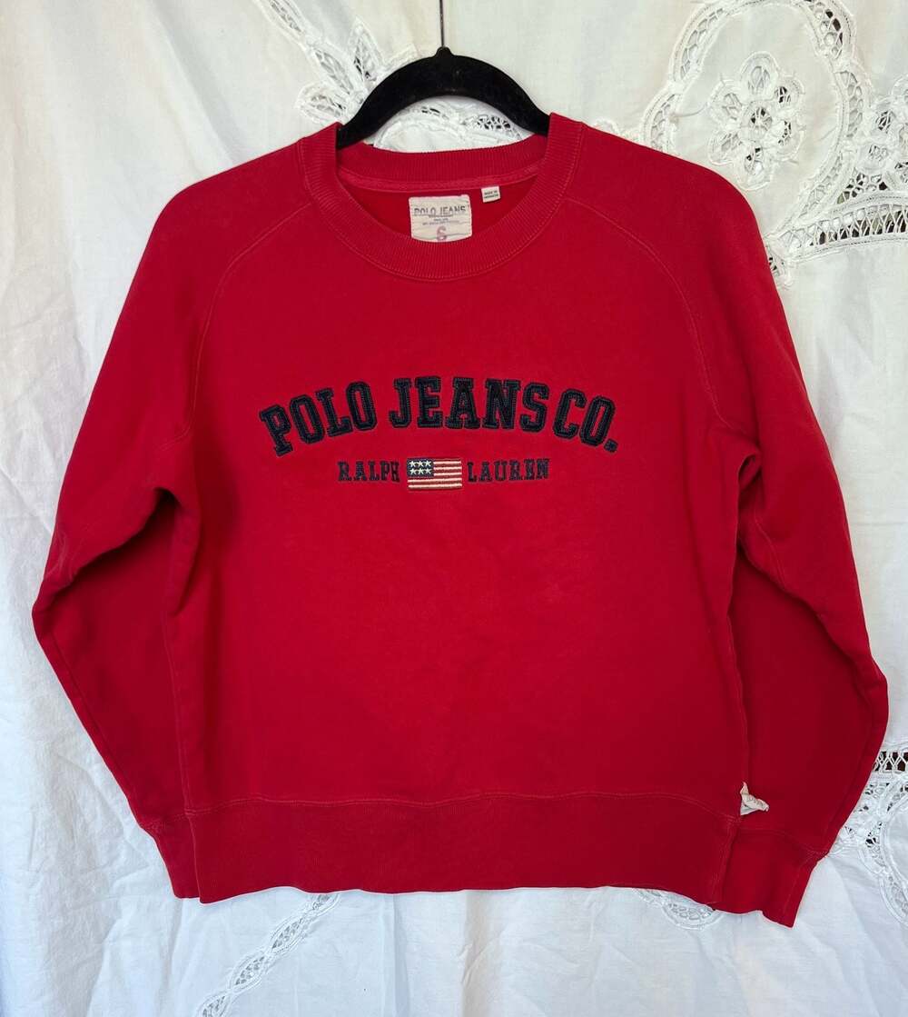 Vintage Polo Jeans Co. Ralph Lauren Red Embroidered Flag Sweatshirt Size Small